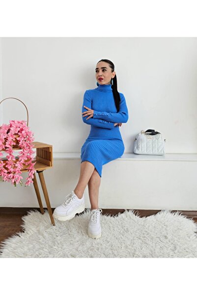 Altı Üstü Butik Boğazlı Kolu Düğmeli Triko Elbise