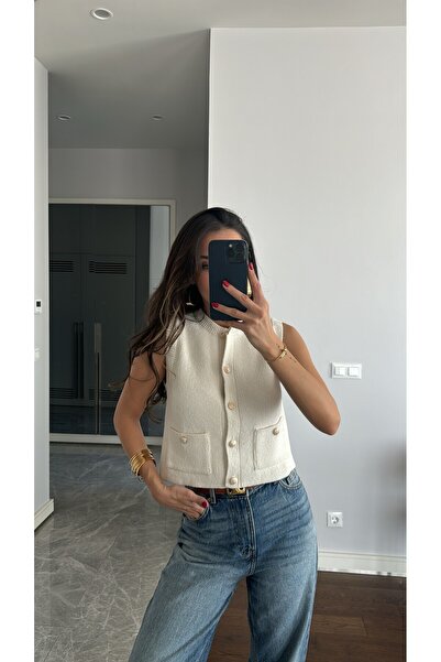 sinemkivanc co Gold Buttoned Ecru Wool Knitwear Vest