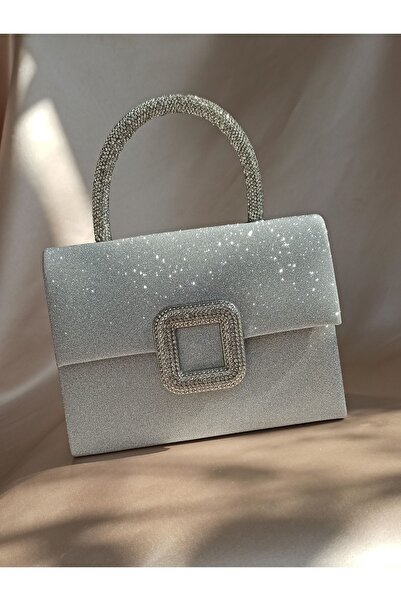 Gül Karatekin Geantă portofoliu pentru rochie de seară pentru femei cu sclipici argintiu și cataramă cu pietre