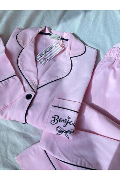 Serbella Pink Bonjour Embroidered Woven Corded Pajama Set