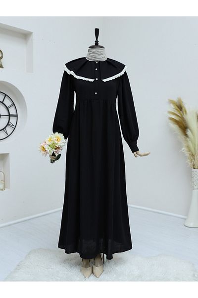 Modamorfo Λινό Φόρεμα Smock Collar Gathered Half Button - μαύρο