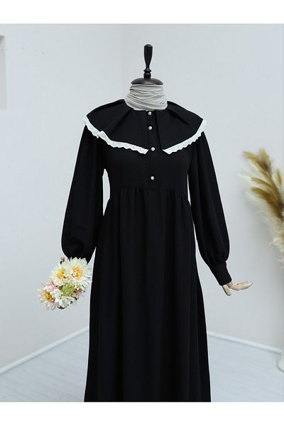 Modamorfo Λινό Φόρεμα Smock Collar Gathered Half Button - μαύρο