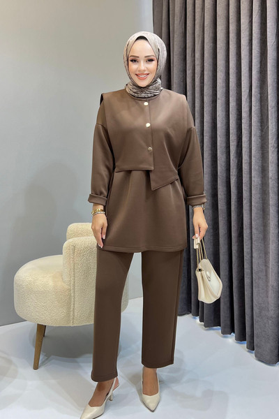 Modaensarbutik Triple Vest Hijab Set-Brown