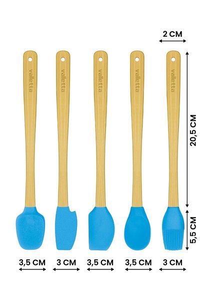 valletta Indigo 5-Piece Turquoise Bamboo Silicone Spatula Set - Long 26 cm