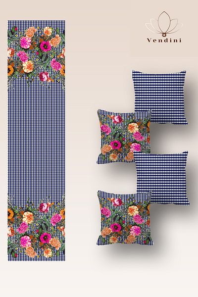 Vendini Quality Fabric, Vibrant Colors Runner and 4 Throw Pillow Covers Set