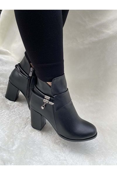 ÇİĞDEM KUNDURA Black Crocus Side Earring Heeled Boots - Esf