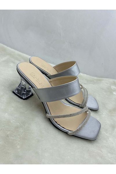 ÇİĞDEM KUNDURA Black Satin Stone Double Striped Women's Evening Dress Slippers - Çiğdem (Slippers4)