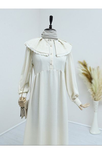 Modamorfo Beigefarbenes Leinenkleid – Schürzenkragen mit Kordelzug und halbem Knopf