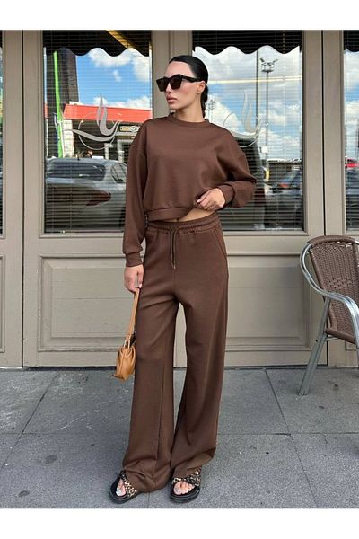 My Blog Brown Sweat Wide Leg Trousers Set-98618