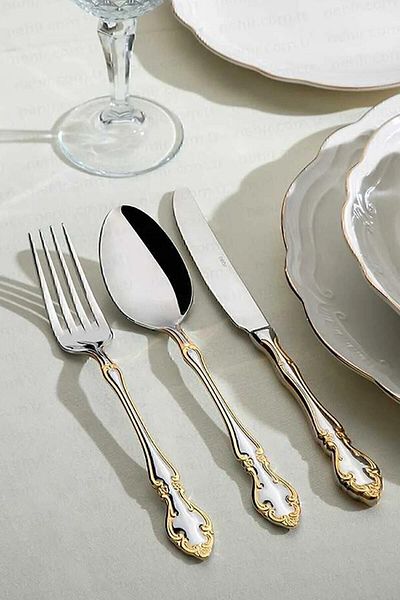 Nehir adriana Gold - 12 Person 89 Piece Leather Boxed Fork Spoon Knife Set