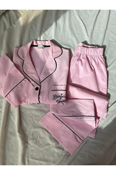 Serbella Pembe Bonjour Nakışlı Dokuma Fitilli Pijama Takımı