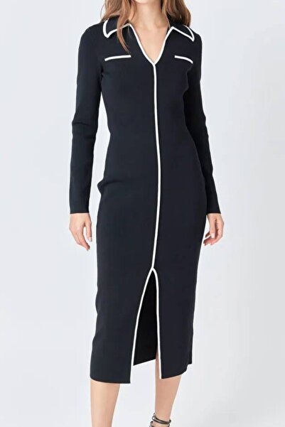 Ded COLLECTION Дамска черна рокля с V-образно деколте и дълъг ръкав, бели рай...