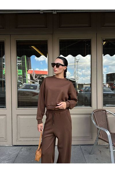 My Blog Brown Sweat Wide Leg Trousers Set-98618