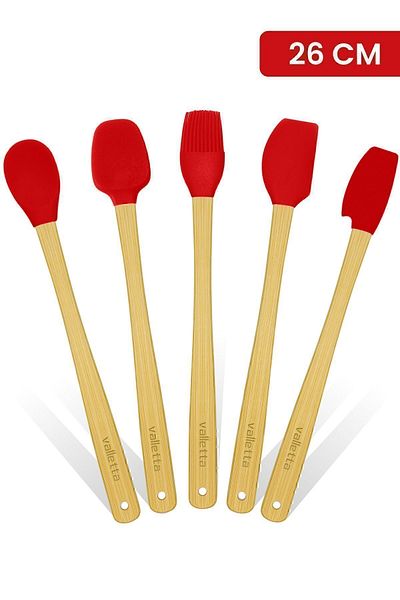 valletta Indigo Red Bamboo Silicone Spatula Set - 5 Pieces, Long 26 Cm