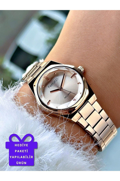 Ferrucci ساعة يد نسائية بتصميم من الزجاج الكريستالي باللون الذهبي الوردي