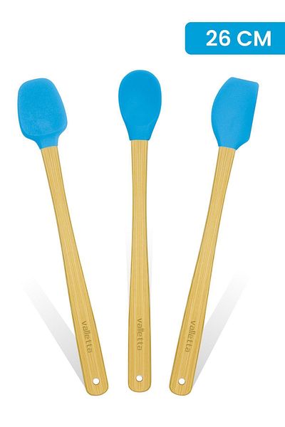 valletta Indigo 3-Piece Turquoise Bamboo Silicone Spatula Set - Long 26 cm