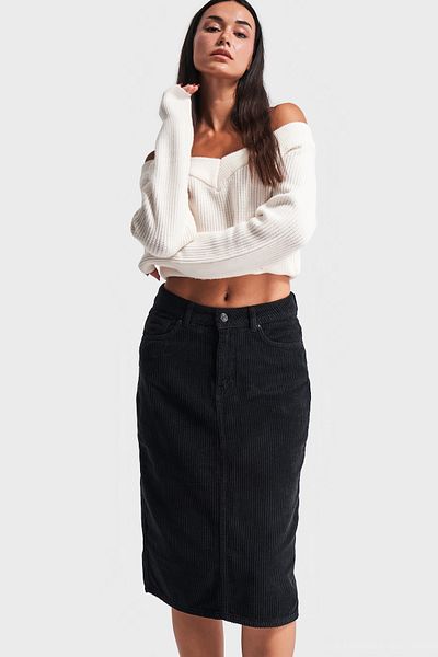 its basic Fusta midi din țesătură groasă din velur de culoare neagră pentru femei