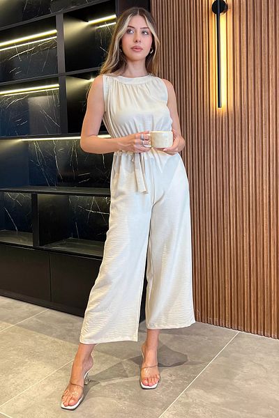 GÜLSELİ Stone Women's Crew Neck Waist Belted Jumpsuit