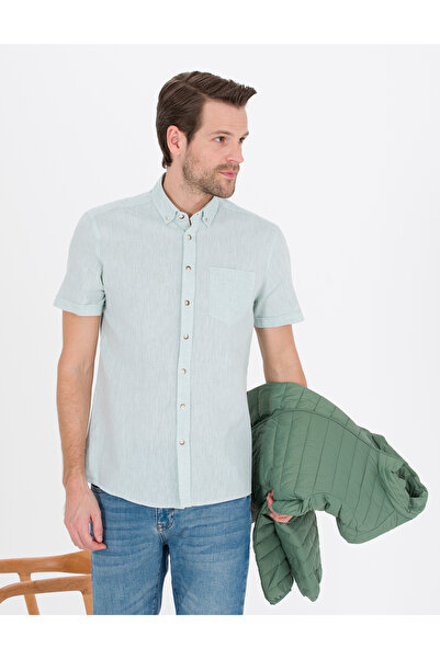 Pierre Cardin Yeşil Keten Karışımlı Regular Fit Kısa Kollu Gömlek 50265118-VR054
