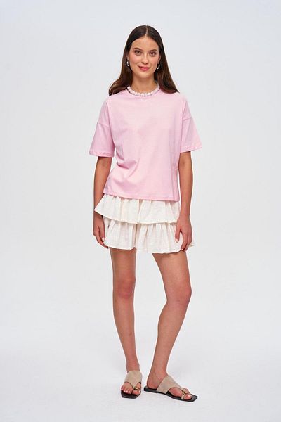 Tuba Butik Γυναικείο μπλουζάκι με λαιμόκοψη Basic κοντομάνικο ροζ