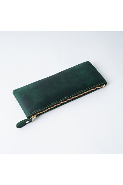 Choice Green Vintage Genuine Leather Zippered Pencil Case Cowhide Stationery ...