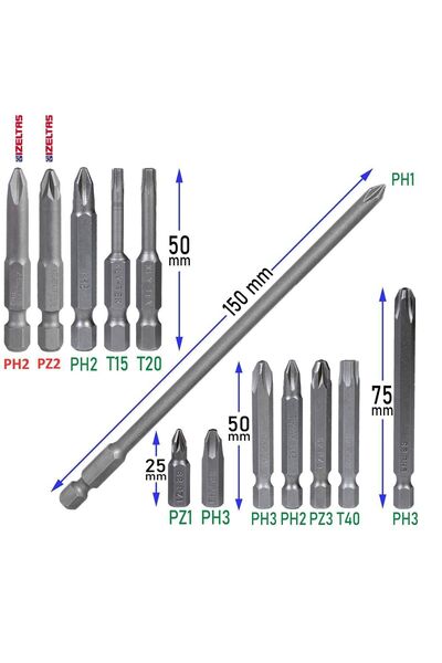 İzeltaş - Klytek Matkap Bits Uç Vidalama Ucu Düz Yıldız Torx Uçları Seti (13 PARÇA)