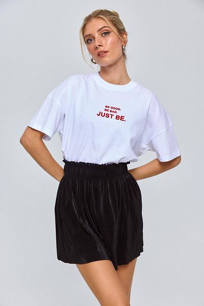 Tuba Butik White Printed Short Sleeve Crew Neck Women's T-Shirt