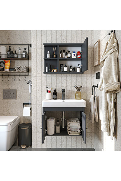 ROOMART Lavabolu Mat Suntalam 60 Cm Banyo Dolabı + Aynalı Üst Dolabı