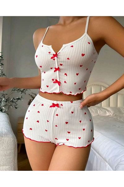 CES'Y LİNGERİE Set de pantaloni scurți din bumbac cu nervuri cu fundă roșie de sezon nou