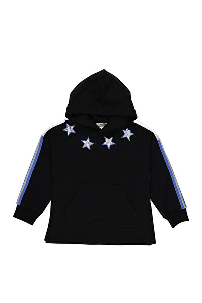 Panço Kız Çocuk Kapüşonlu Aplike Detaylı Siyah Tunik