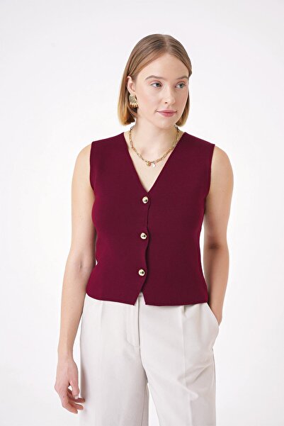 CHUBA Women's Gold Buttoned Textured Regular Fit Knitwear Vest Claret Red 25W3001