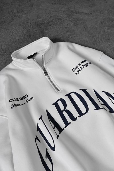 Slatra Men's White Guardian Half Zipper Oversize Sweatshirt