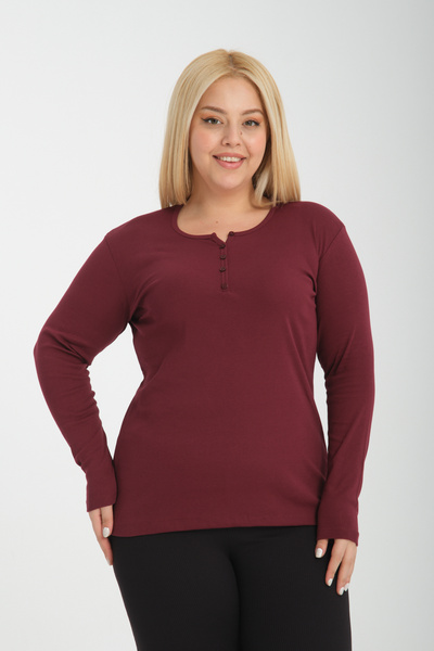 BANEGA Curve Large Size Cotton Lycra Crew Neck Button Detailed Basic Plain Dusty Rose Blouse