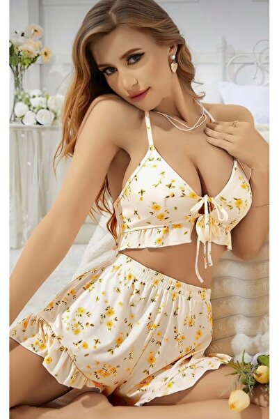 CES'Y LİNGERİE Daisy önden bağlamalı sarı çiçek desenli fitilli saten şortlu takım