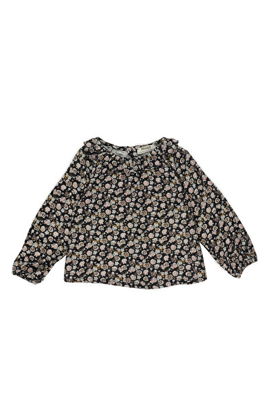 Panço Kız Bebek Fırfır Yaka Detaylı Desenli Siyah Bluz