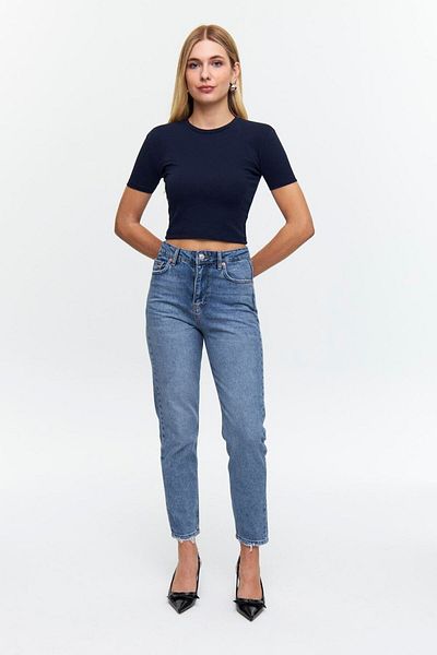 Tuba Butik Basic Crew Neck Short Sleeve Navy Blue Women's Crop T-Shirt