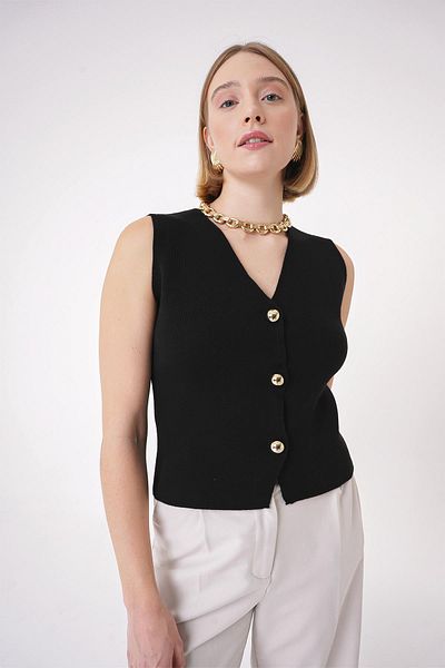 CHUBA Women's Gold Buttoned Textured Regular Fit Knitwear Vest Black 25W3001