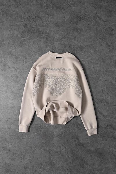 Slatra Men's Beige Reconnaissance Embroidery Detail Crew Neck Oversize Sweatshirt