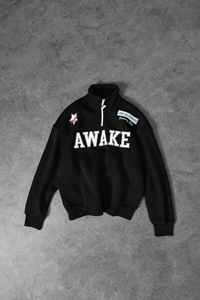 Slatra Men's Black Awake Embroidered Half Zipper Oversize Sweatshirt