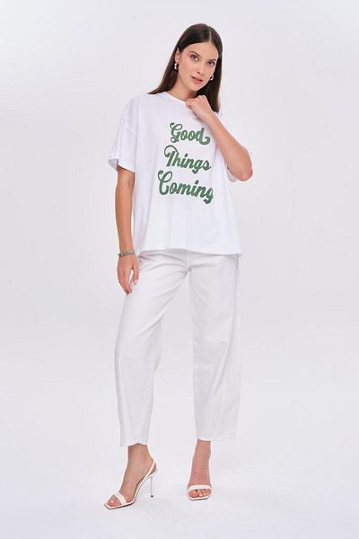 Tuba Butik Oversize Printed Short Sleeve White Women's T-Shirt