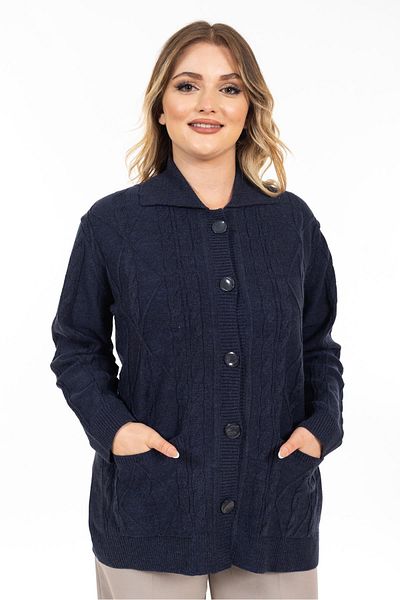 Mutlu City Women's Middle-Age and Above Soft Texture Polo Collar Buttoned Mother Knitwear Cardigan 2417-Indigo