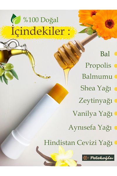 Petekoğlu 3 Pieces Propolis, Honey, Shea, Coconut and Olive Oil Handmade Lip Cream Moisturizer