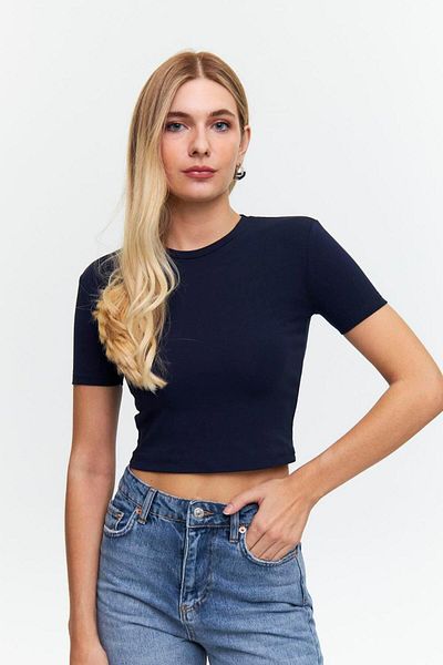 Tuba Butik Basic Crew Neck Short Sleeve Navy Blue Women's Crop T-Shirt