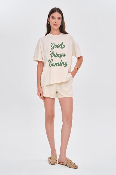 Tuba Butik Oversize Printed Short Sleeve Cream Women's T-Shirt