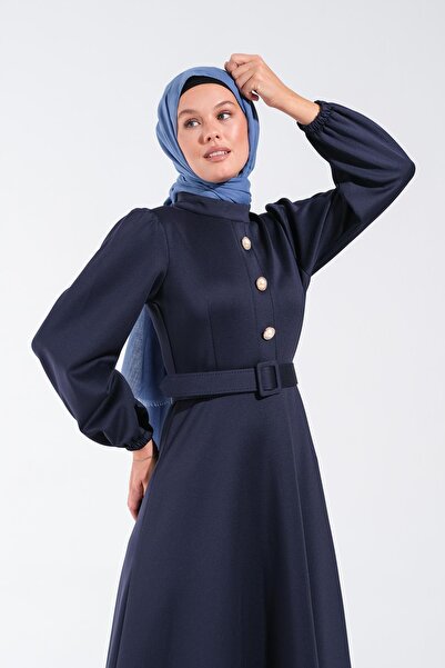 Plistre 2251_Women's Scuba Fabric Belted Button Detailed Flared Long Dress