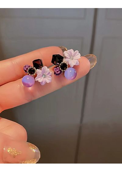 Nice For You Princess Purple Crystal Flower Earrings