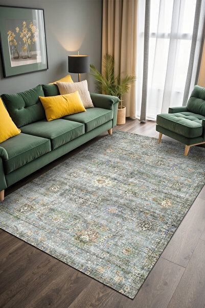 AIDA HOME Bliss Vıntage Desenli Pamuk Tabanlı Yıkanabilen Kaydırmaz Antibakteriyel Şönil Salon Halısı