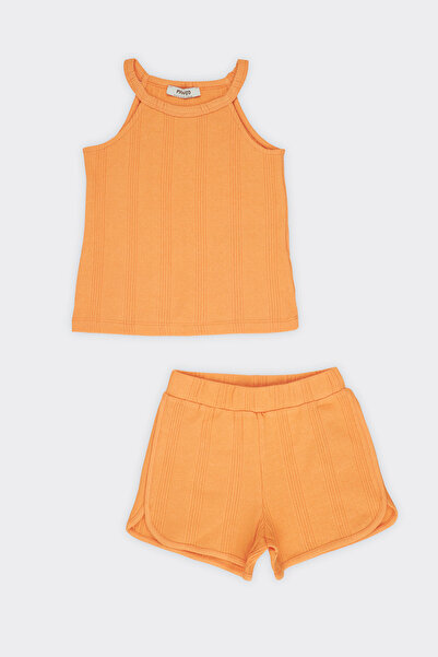 Panço Kız Çocuk Dokulu Örme Somon Triko Takım