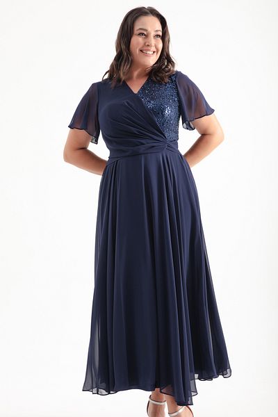 Lafaba Marineblaues Glitzer-Abendkleid mit Kreuzkragen in Übergröße