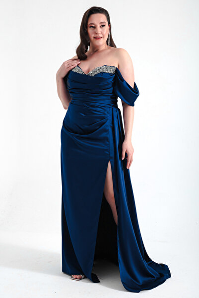 Lafaba Βραδινό φόρεμα Navy Blue Μακρύ Σατέν - Λεπτομέρεια για λαιμό και σκίσιμο σκάφος, Plus Size